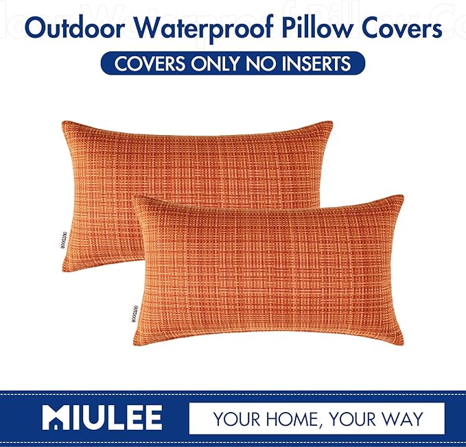 MIULEE Outdoor Waterproof Throw Pillow Covers Decorative Farmhouse Water Resistant Cushion Covers for Tent Patio Garden Couch Sofa Pack of 2, 12x20 Inch Orange