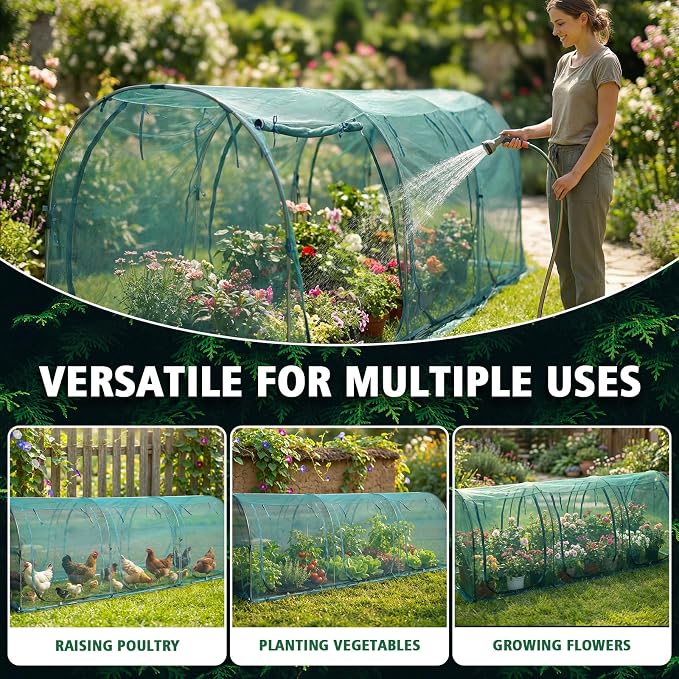 12.3'x4'x4' Crop Cage Portable Tunnel Plant Netting Cover Tomato Netting, 6 Roll-Up Zipper Door Garden Cage, Bug Netting Cover for Vegetables & Fruits, Durable Raised Garden Bed Covers