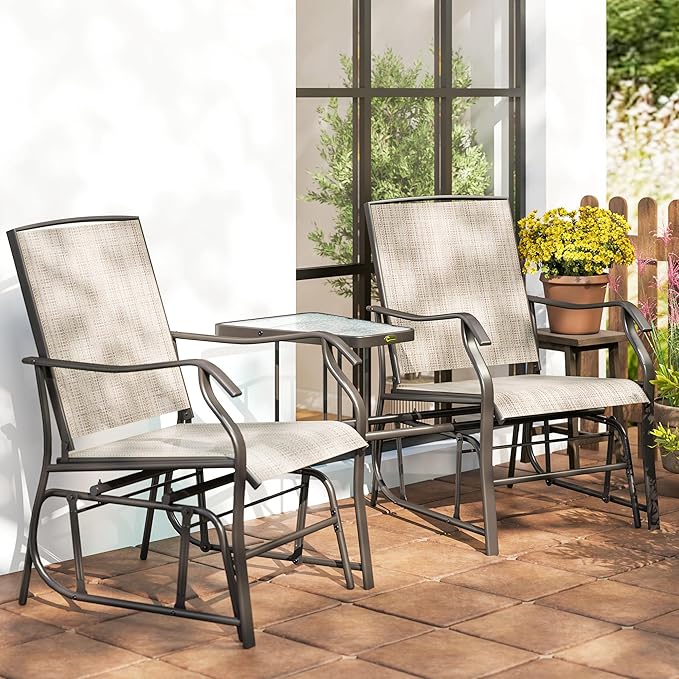 Outsunny Outdoor Glider Chairs with Coffee Table, Patio 2-Seat Rocking Chair Swing Loveseat with Breathable Sling for Backyard, Garden, and Porch, Light Brown