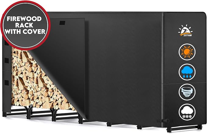 Zettum 8ft Firewood Log Rack - Outdoor Wood Stand Holder, Heavy Duty Metal Fire Wood Pile Organizer with Cover for Fireplace Storage (96 x 14 x 48 Inch)