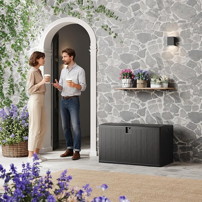 130 gal Outdoor Storage Box Waterproof with Lockable Lid, All-Weather Deck Box with Side Handle, Outdoor Storage Bin for Patio Furniture, Pool Accessories, Gardening Tools, Black