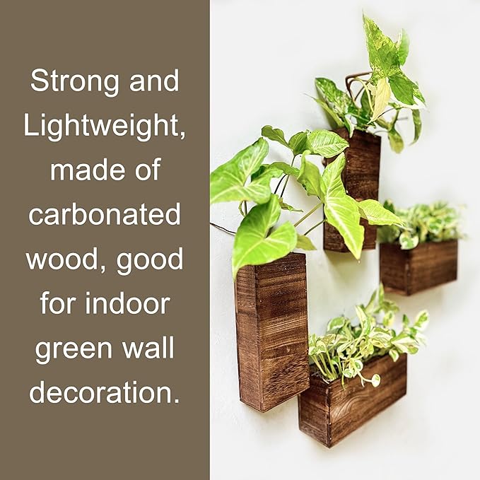 ShopLaLa Bundle- 20-Pack, 24 Inch Decorative Garden Fence + 4-Pack Set Wooden Box Planter Hanging Wall Pot Modern Vase Indoor Home No Dig Black Landscape Fencing Rustproof Metal Wire Border Outdoor