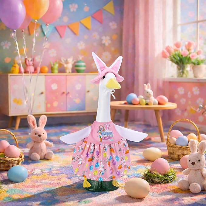 Watayo 2 Pcs/Set Easter Bunny Porch Goose Outfits, Spring Easter Rabbit Lawn Goose Clothing Costume, Garden Goose Clothes Pink Dress and Bunny Ears Hat for 23" High Statue Outdoor Patio Yard Decor