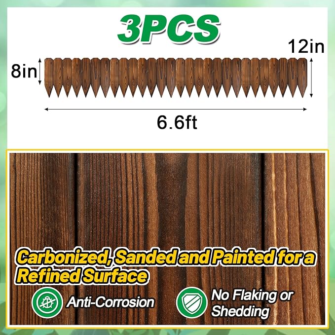 Rustic Pine Wood Garden Fence - 19.8ft Total Length (3pcs 6.6ft L*12in H) Easy to Install Sturdy Wooden Landscape Edging Border, No Fading Planter Fencing for Yard Flower Bed Lawns Pathway Tree