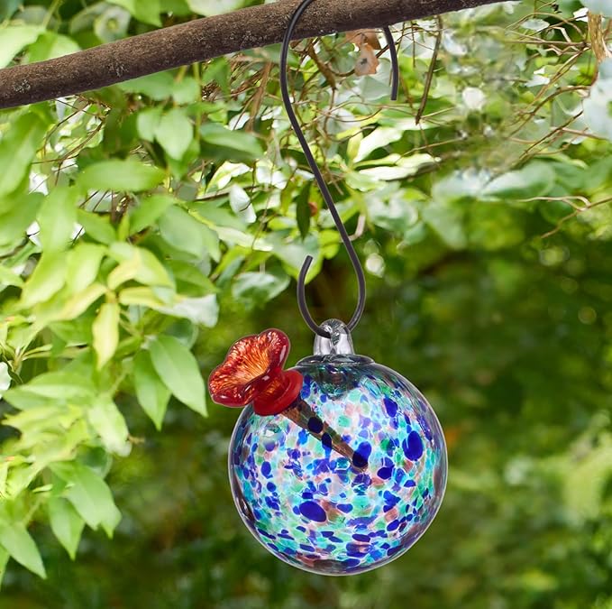 Red Carpet Studios Hummingbird Feeder Hand-Blown Art Glass, Hanging Birdfeeder with Red Flower Feeding Port, 5.5" Round Turquoise