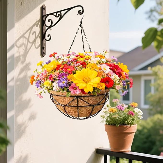 4 Pack 14 Inch Heavy Duty Hanging Basket Outdoor Metal Hanging Planters with Coco Coir Liners Black Hanging Flower Baskets for Outdoor Plants Patio Porch Balcony Garden(Geometric)
