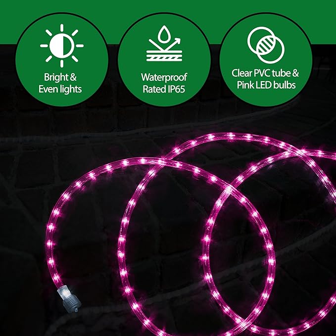 Tupkee LED Rope Light Pink - for Indoor and Outdoor use, 24 Feet (7.3 m) - 10MM Diameter - 144 LED Long Life Bulbs Decorative Rope Tube Lights
