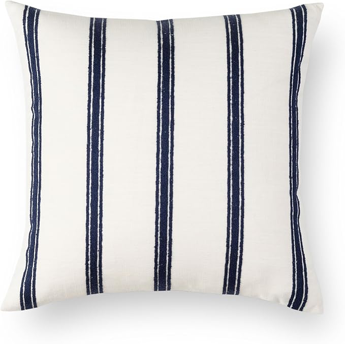 Crumbs Home Coastal Linen Indoor Outdoor Throw Pillow Cover Only, 22"x22" Water Repellent for Patio, Backyard, Couch, Neutral Dark Navy Embroidered Stripes