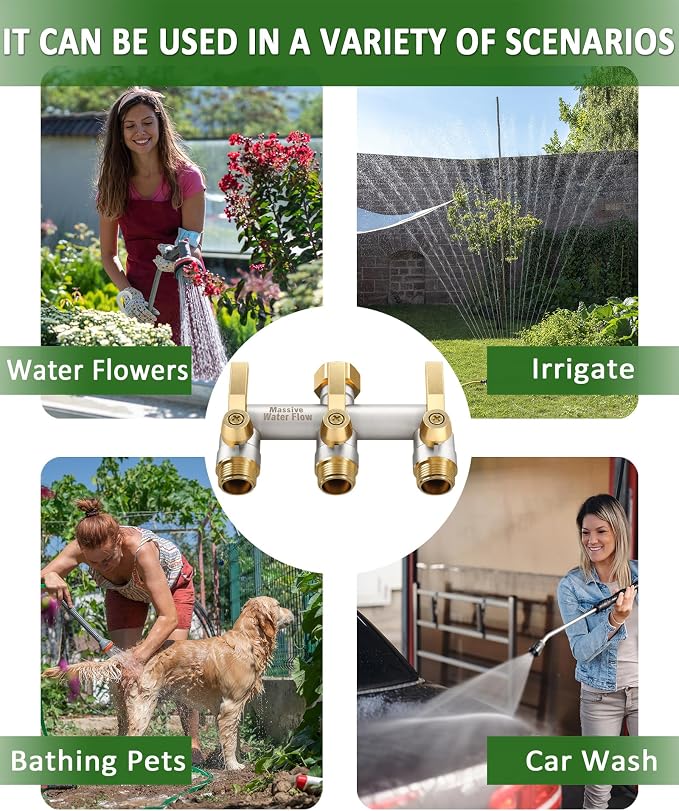 Garden Hose Splitter, 3 Way Hose Splitter Heavy Duty Full Flow Solid Brass Nickel Plated Spigot Splitter Valve with Metal Handle, Outdoor Faucet Splitter, 3/4 - Inch Frost Resistant Hose Adapter
