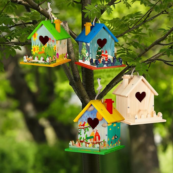 Juexica 2 Pack DIY Birdhouse Kits for Kids Ages 6+ Build and Paint Wooden Bird House Arts and Craft Project with Paint Strips Brushes for Boy Girl Adult Classroom Indoor Outdoor Crafts (Love Shaped)