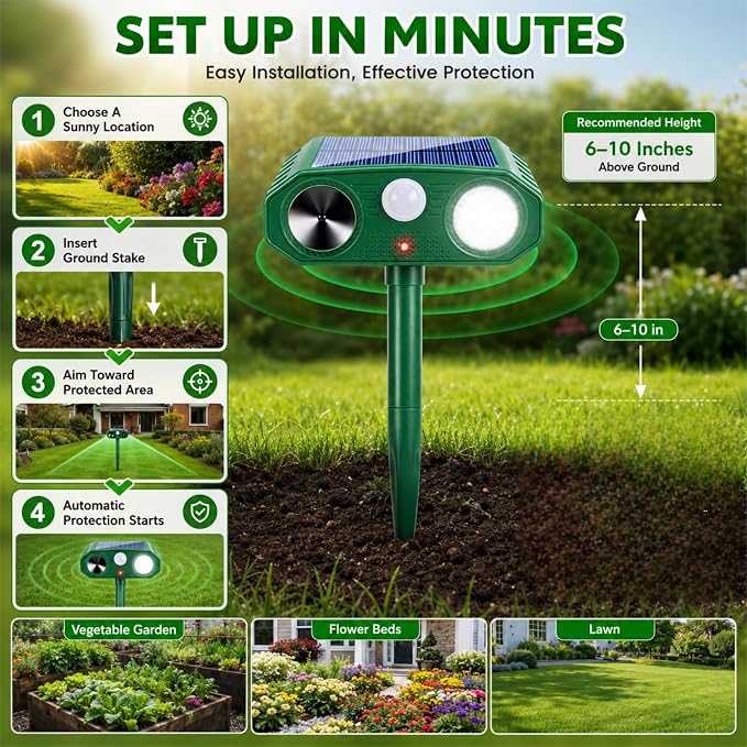 2 Pack Solar Animal Repellent Ultrasonic Outdoor for Cats Squirrels Racoons Rabbits Foxs Dogs Skunks,Sonic Fortress Pro Deer Repellent Devices Flashing Light Motion Sensor Animal Deterrent for Garden
