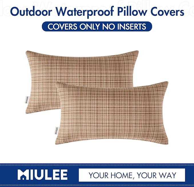 MIULEE Outdoor Waterproof Throw Pillow Covers Decorative Farmhouse Water Resistant Cushion Covers for Tent Patio Garden Couch Sofa Pack of 2, 12x20 Inch Beige
