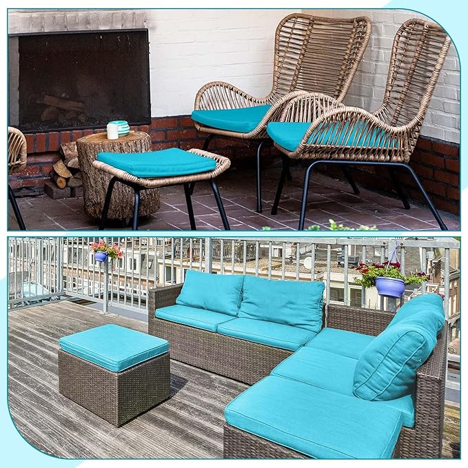 DoubleFill 2 Pcs Outdoor Ottoman Cushion 23"x19"x3" Waterproof Fade Resistant Outdoor Footstools Cushion Removable Patio Ottoman Cushions with Adjustable Fixing Strap for Stool (Lake Blue)