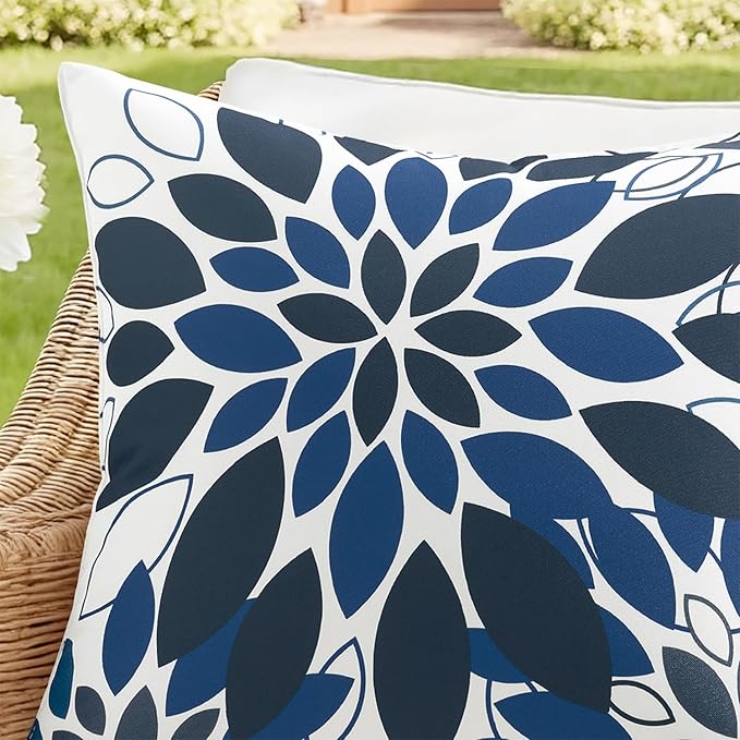 Floral Outdoor Pillow Covers Waterproof Spring Throw Pillow Cases Navy Blue 18x18 Inch Set of 2 Decorative Summer Cushion Covers for Patio Furniture Garden Bench Porch Sofa