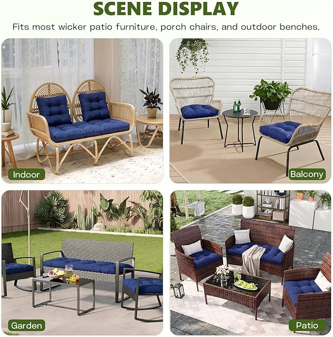 Wicker Chair Cushions Set, 2 U-Shaped Cushions & 1 Loveseat, Waterproof Outdoor Loveseat Cushion for Patio Furniture, Settee Bench Pad All Weather,Navy Blue