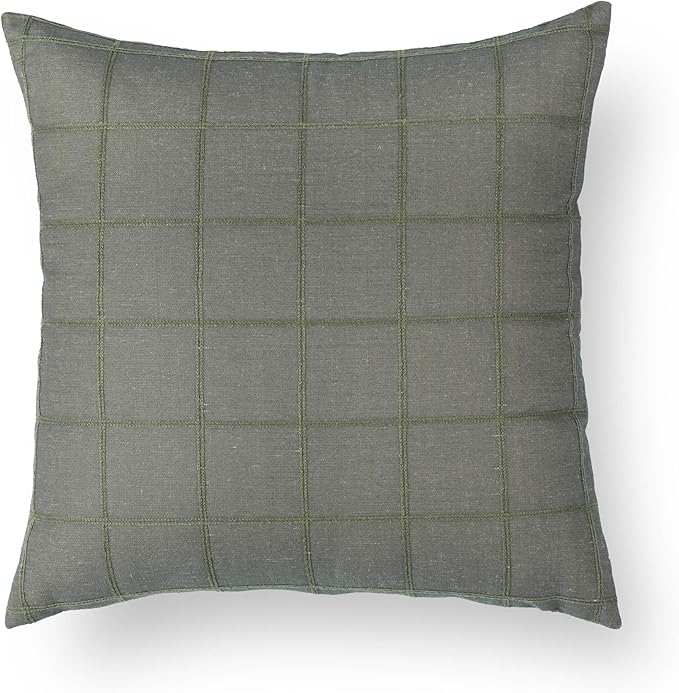 Crumbs Home Modern Farmhouse Fall Linen Indoor Outdoor Throw Pillow Cover Only, 22"x22" Water Repellent for Patio, Backyard, Couch, Oliver Green Plaid