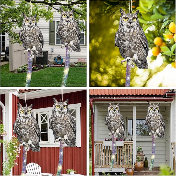 3PCS Reflective Plastic Owl Hanging Decoration Dual-Side Printed Raster Fake Eagle Garden Owl with Scare Tape for Garden Patio Windows