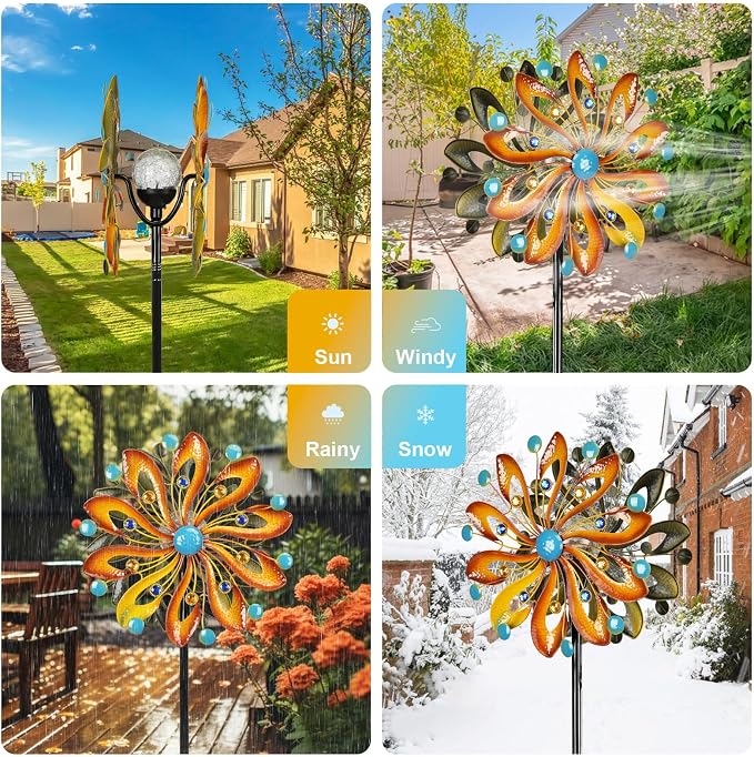MLKNK Wind Spinners for Yard and Garden - Wind Sculptures & Spinners | Wind Spinners Outdoor 75 Inch, Kinetic Art with Solar Powered Multi-Color Glass Ball Light