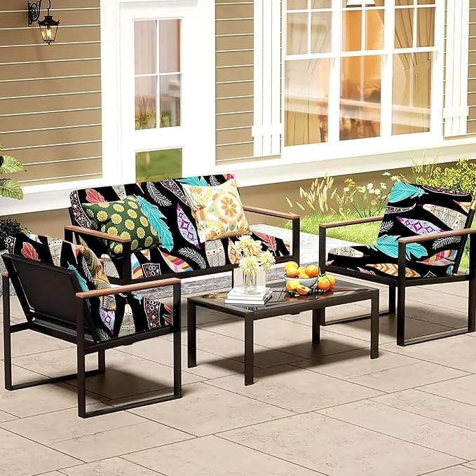 8Pcs Patio Cushion Covers,Outdoor Cushions Covers,Stretch Cushion Covers Replacement, Washable and Reusable Furniture Protectors(Dream Feather)