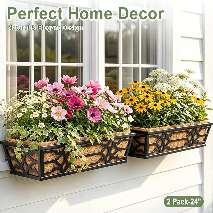 2 Pack 24 Inch Railing Planter Boxes with PET Water Storage Tray & Coco Liner, Window Boxes Planters for Deck Railing, Metal Hanging Flower Box for Outdoor Balcony Fence and Patio Garden