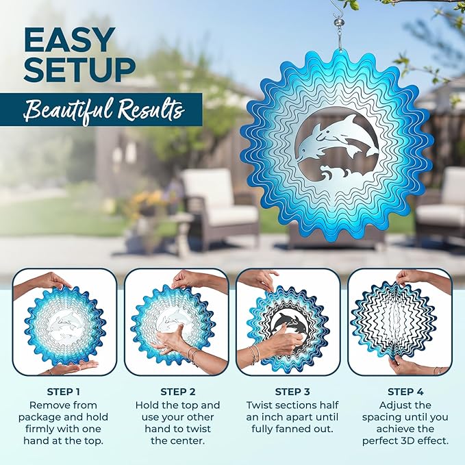 ISEO Dolphin Wind Spinner for Yard and Garden, Hanging Outdoor Decor, Yard Art, Porch and Patio Decorations, Metal Wind Spinners Outdoor, Weather Resistant, 12”