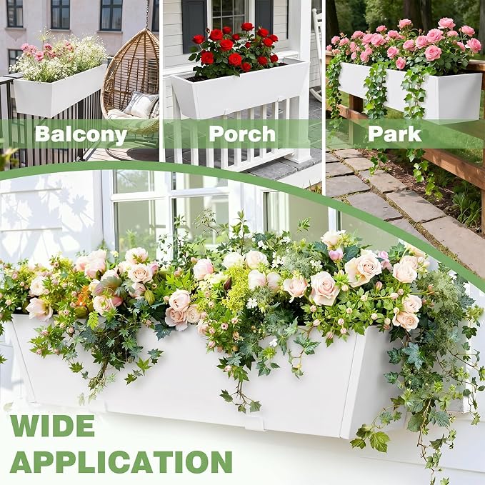 2PC White Railing Planter for Outdoor Plants 36 Inch Metal Hanging Planters Pots with Adjustable Brackets and Drainage Railing Planter Boxes Hanging Flower Pots for Balcony Deck Railings Patio Dec