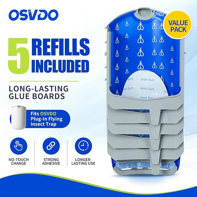 Flying Insect Trap, Fruit Fly Traps for Indoors (2 Devices & 5 Cartridges), Plug-in Fly Trap Indoor Bug Catcher for Gnats, House Flies and Moths, Blue UV Light, Mess-Free Adhesive Cartridge