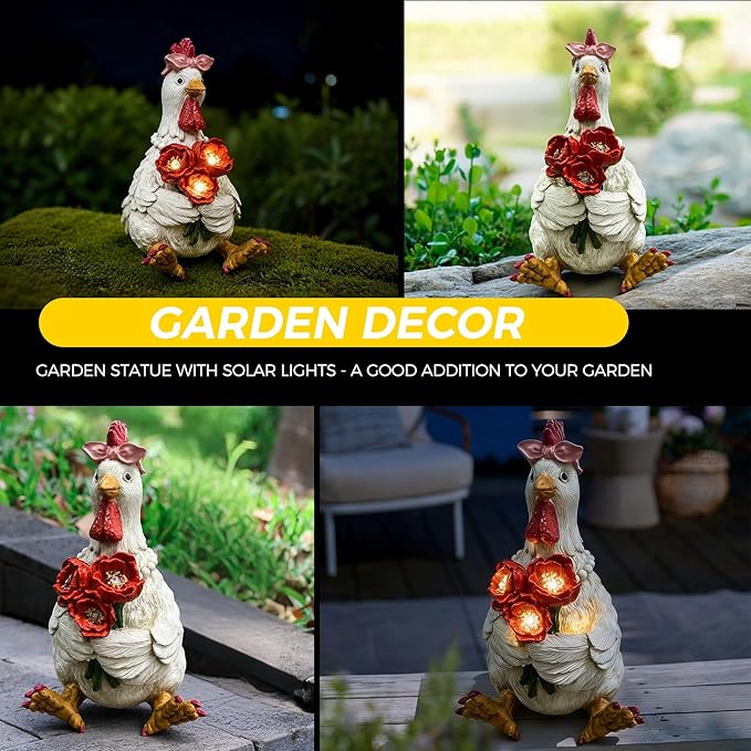 Solar Chicken Garden Decor with LED Light (5" W x 5.5" L x 8.5" H) β Cute Outdoor Hen Statue for Yard Patio Lawn, Chicken Outdoor Decor, Solar Yard Decoration, Housewarming Gifts