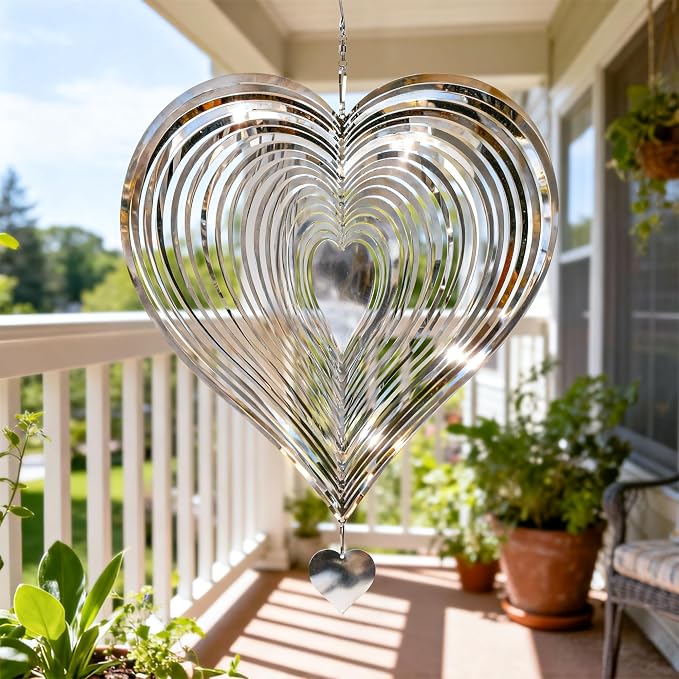 Wind Spinner Garden Decor, for Women, Gifts for Grandma and Mom, 3D Heart 12-Inch Stainless Steel Hanging Yard Spinner for Outdoor & Indoor Metal Decoration, 1 Pack