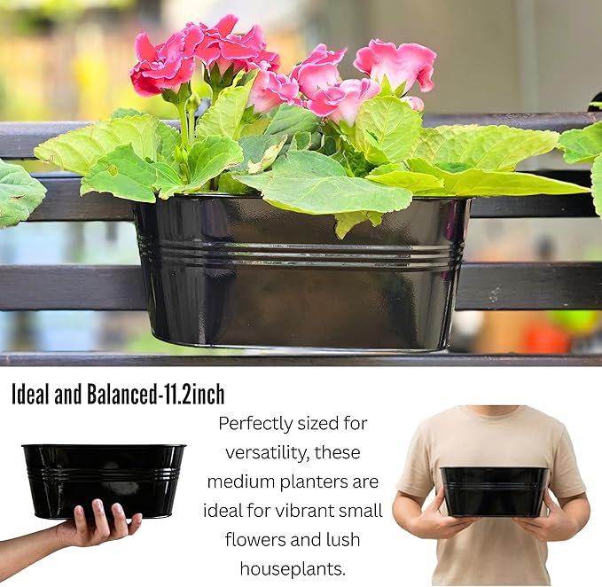 LaLaGreen Outdoor Plants Rail Planter (11.2 Inch, 12 Pack) Black Metal Iron Hanging Flower Pots Deck Railings Fence Buckets Modern Boho Style Wall Mount Window Box Plant Holder Hooks Porch Home Decor