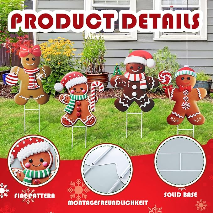 Weysat 4 Pack Christmas Metal Yard Stakes 15.75 Inch Gingerbread Man Yard Sign Stake Christmas Decorations Outdoor for Outside Xmas Gingerbread Decorations for Garden Lawn Pathway Party Decor