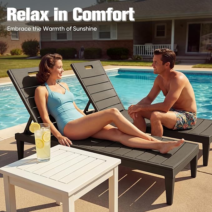 Devoko Outdoor Chaise Lounge Chair Set of 2 with 5-Position Adjustable Back, Waterproof & Lightweight PP Lounge Chairs for Outside Pool Patio (Deep Brown)