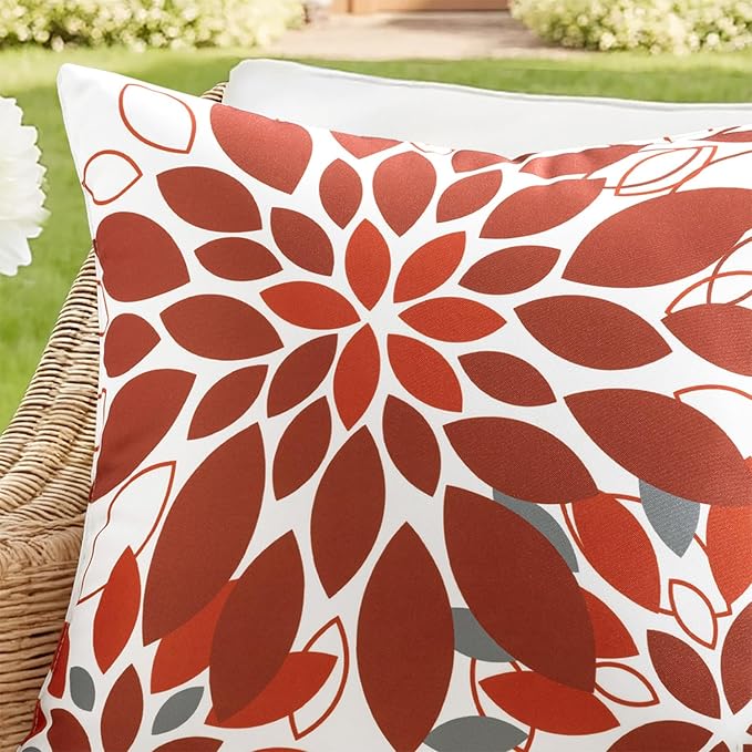 Floral Outdoor Pillow Covers Waterproof Spring Throw Pillow Cases Red Gray 18x18 Inch Set of 2 Decorative Summer Cushion Covers for Patio Furniture Garden Bench Porch Sofa