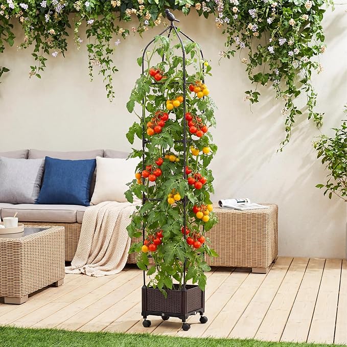 HAPPYGRILL Raised Garden Bed with Trellis, 83”H Self-Watering Tomato Cages, Adjustable Height, Indoor Outdoor Obelisk Planter Box w/Trellis & Wheels for Climbing Plants Vines Fruits
