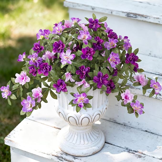 Ammyoo Artificial Fake Azalea Flowers for Outdoor Spring Decoration, Faux Silk Flower for Summer UV Resistant Look Real Plants for Garden Yard Porch Walkway Indoor Decor, 2PCS