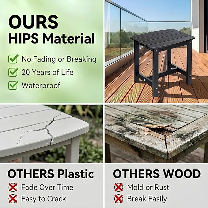Y&M Outdoor Side Table, HIPS Adirondack Small Single Table, Waterproof Square Outside Table, Balcony Modern End Tables for Patio, Pool, Beach, Porch, Deck, Indoor or Outdoor Use, Black