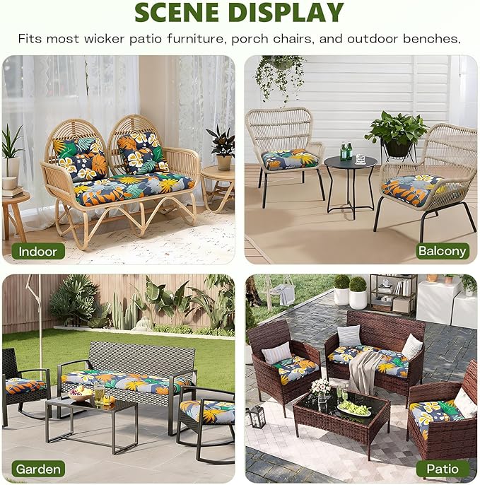 Wicker Chair Cushions Set, 2 U-Shaped Cushions & 1 Loveseat, Waterproof Outdoor Loveseat Cushion for Patio Furniture, Settee Bench Pad All Weather,Flower