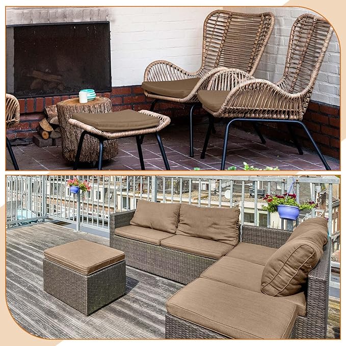 DoubleFill 2 Pcs Outdoor Ottoman Cushion 23"x19"x3" Waterproof Fade Resistant Outdoor Footstools Cushion Removable Patio Ottoman Cushions with Adjustable Fixing Strap for Stool (Light Brown)