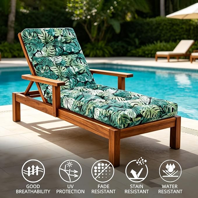 Patio Chaise Lounge Cushions, 70.5"x21"x4" Waterproof Replacement Beach Pool Lawn Outdoor Lounge Chair Cushion, Non-Slip Bottom & Secure Ties for Outdoor Furniture,Monstera, 1Count