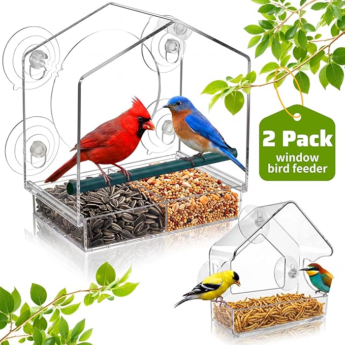 2PCS Window Bird Feeder with Strong Suction Cups, Bird Feeders for Outdoors, Clear Bird Feeder for Window, Outdoor Wild Bird Watching Gift for Women Mom Bird Lovers, Elderly Kids (1 Large+1 Small)