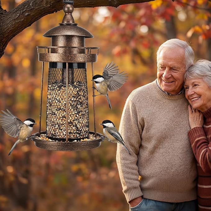 Lavezee Bird Feeder for Outdoors, Large Capacity Hanging Bird Feeders for Outside Wild Birds Hummingbird Parrot, Bronze