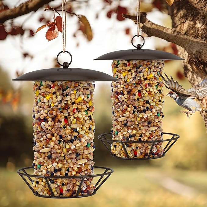 2 PCS Cylinder Suet Cake Bird Feeder S-6-2 Seed Cake Bird Feeder Antique Copper Metal Feeders for Outdoor Garden Hanging Yard Decoration Wild Birdfeeding
