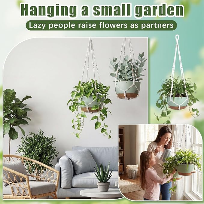 Sliner Set of 4-12 Inch Self Watering Hanging Planters Includes Hanging Pots and Outdoor Hanger Plant Pots with Drainage Holes 2 Types of Hanger Basket Hooks for Patio Garden(Green Brown)