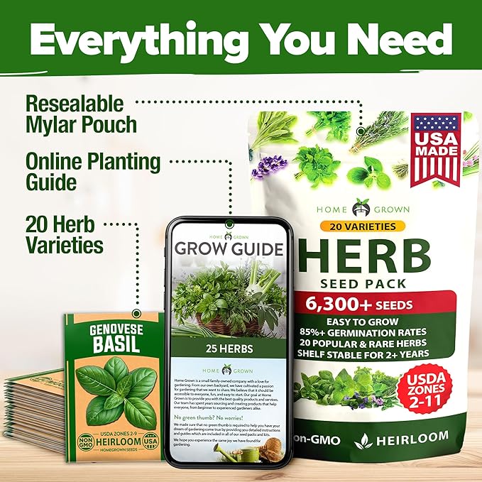 HOME GROWN Premium Herb Seeds Variety Pack - 20 Heirloom Herb Seeds for Planting - 6,000+ Non-GMO Seeds with Plant Markers - Indoor Outdoor Hydroponic Herb Garden - Culinary & Medicinal Herbs