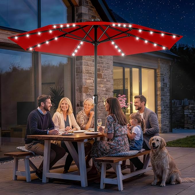 AreShark 11FT Large Patio Umbrella with Solar Lights, Lighted Solar Umbrella with Crank, Outdoor Table Market Umbrellas for Garden, Deck, Backyard, Pool and Beach, Red