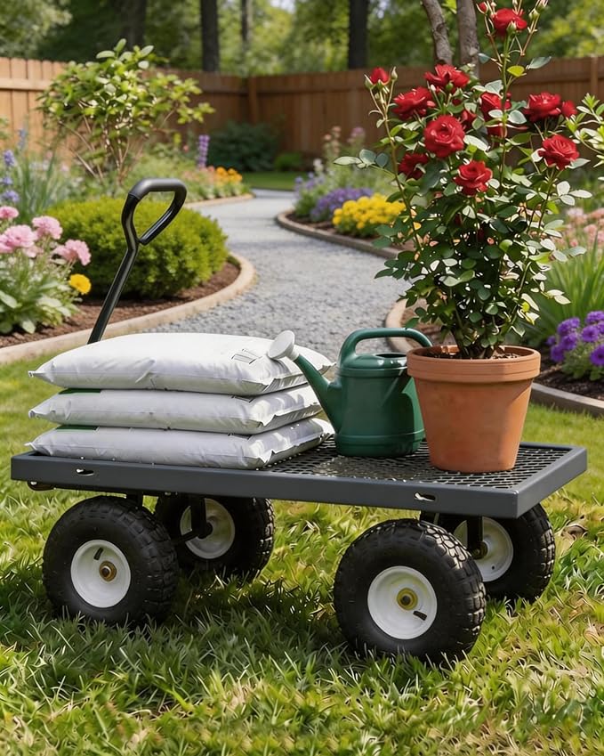 GarveeTech 1000LBS Heavy Duty Steel Garden Cart, Garden Wagon Cart on Wheels, Metal Yard Utility Wagon with Removable Mesh Sides, 13" All Terrain Tires, 180° Rotating Handle for Lawn, Garden, Farm