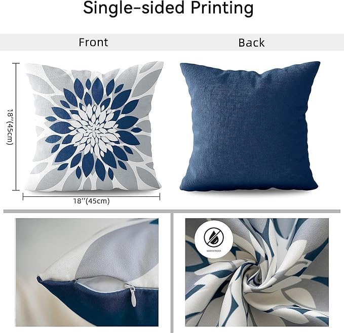 Qahing Pack of 4 Outdoor Waterproof Pillow Covers 16x16 Decorative Outdoor Throw Pillows Garden Square Cases for Patio Furniture, Couch, Tent Sunbrella, Bench, Blue Grey
