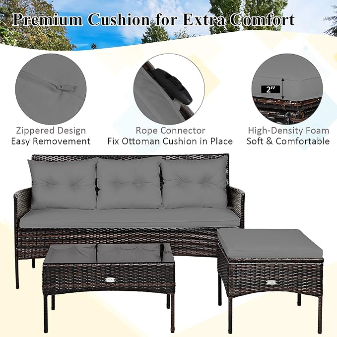 Tangkula 3 Pieces Patio Conversation Set, All Weather Outdoor PE Rattan Wicker Furniture Set with Padded Cushions, Tempered Glass Coffee Table, for Poolside, Backyard, Garden (Gray)