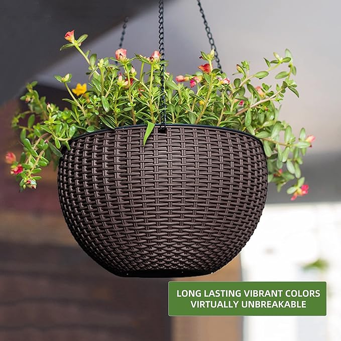 Dexceder 9 Inch Self Watering Hanging Planter (Brown) | Thickened Hanging Basket Flower Plant Pot with Water Level Indicator Indoor Outdoor