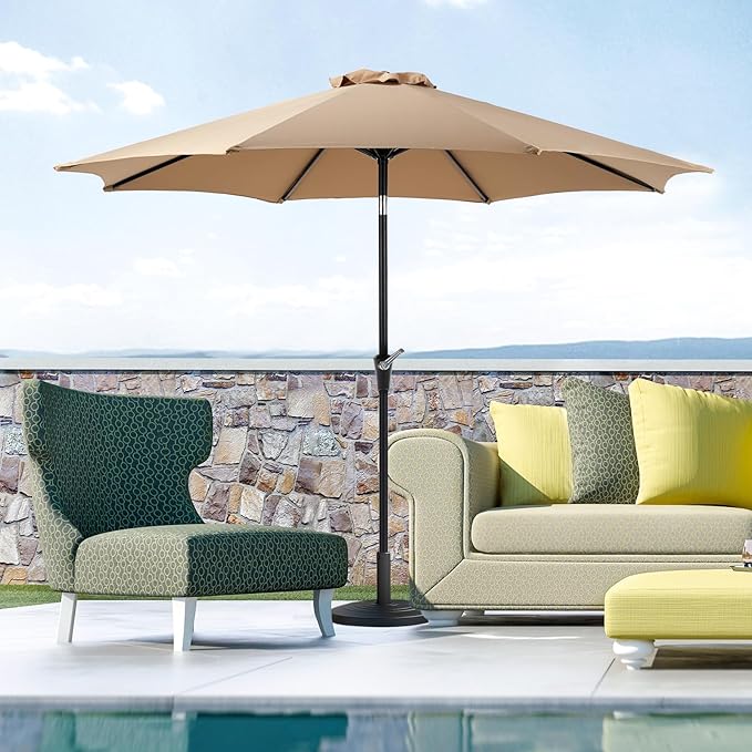 OLIXIS 9FT Patio Table Umbrella with Tilt and Crank Button & 8 Sturdy Ribs Waterproof, 9 Feet Outdoor Patio Umbrella Sun Shade for Poolside, Terrace, Beach and Restaurant, Khaki